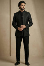 Black Satin Jacquard Satin Jacket Indo Western Set