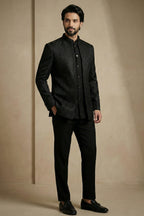 Black Satin Jacquard Satin Jacket Indo Western Set