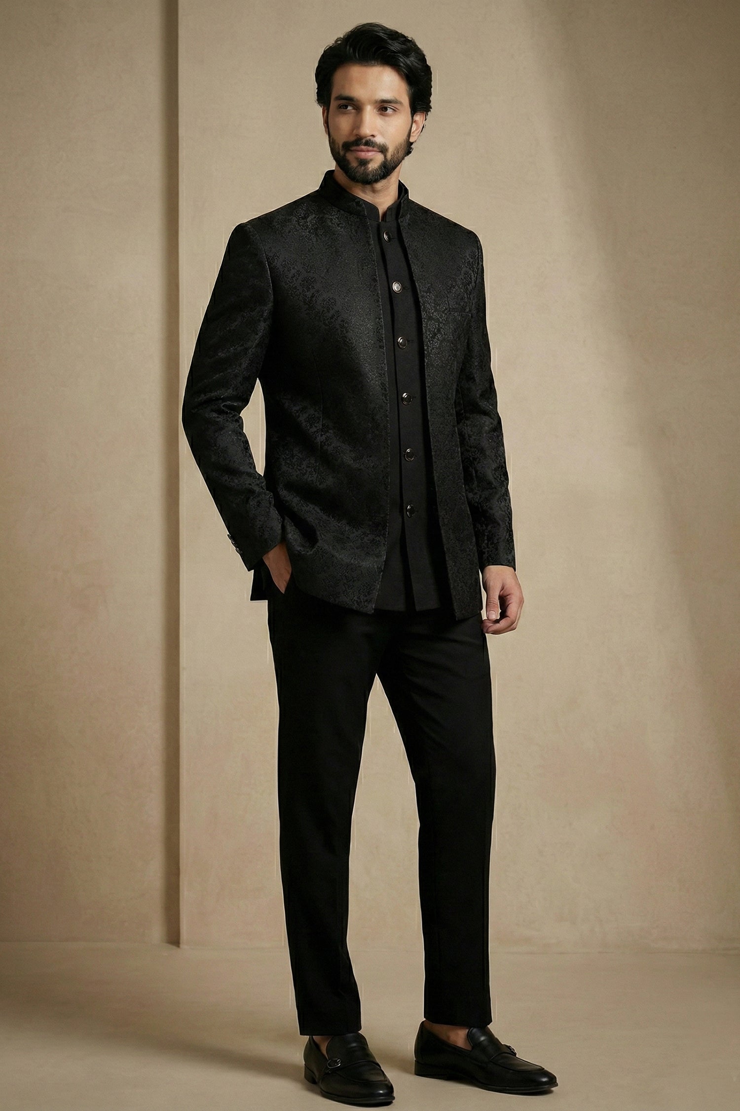 Black Satin Jacquard Satin Jacket Indo Western Set