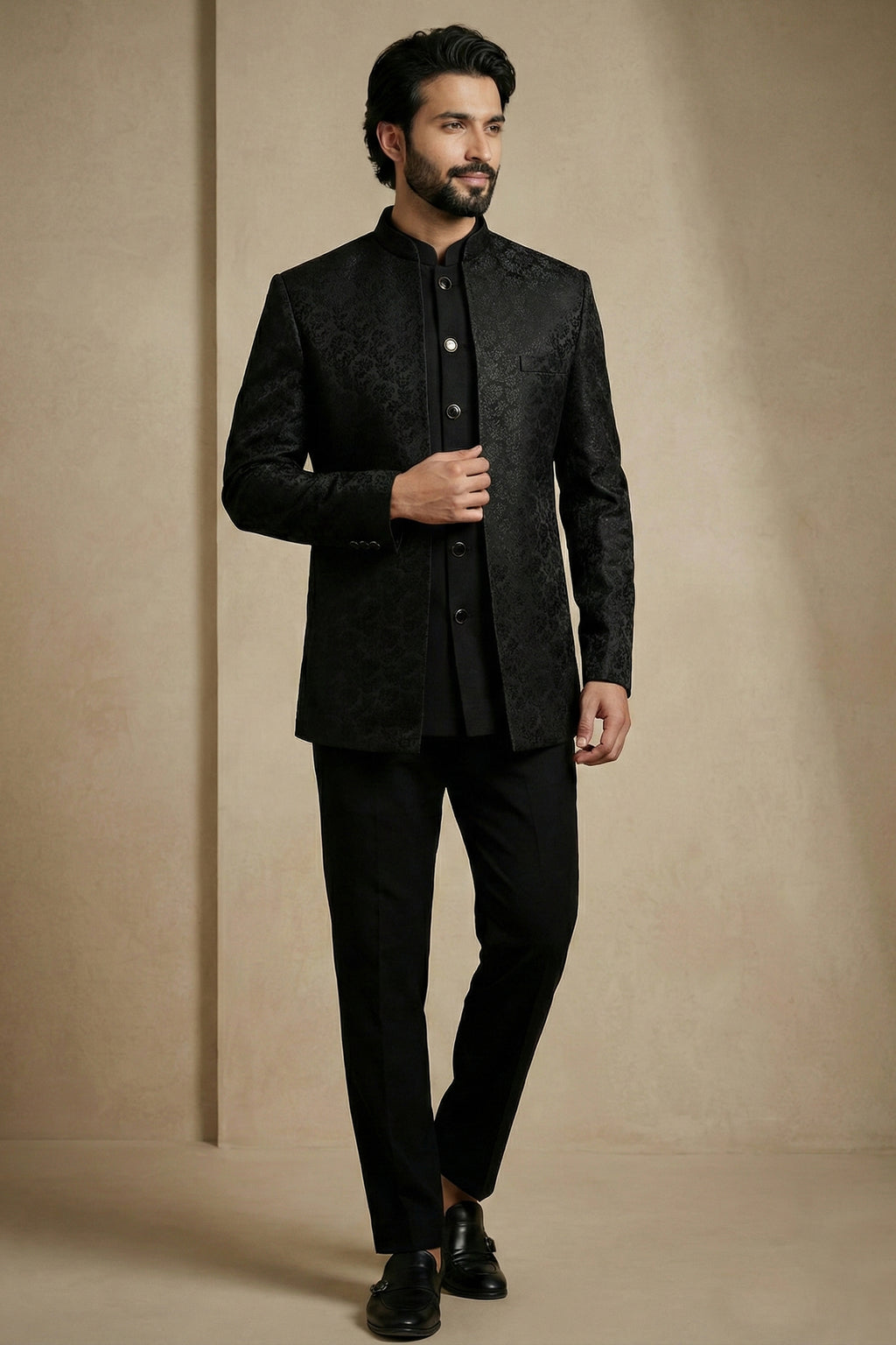 Black Satin Jacquard Satin Jacket Indo Western Set