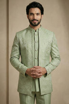 Olive Green Satin Jacquard Satin Jacket Indo Western Set