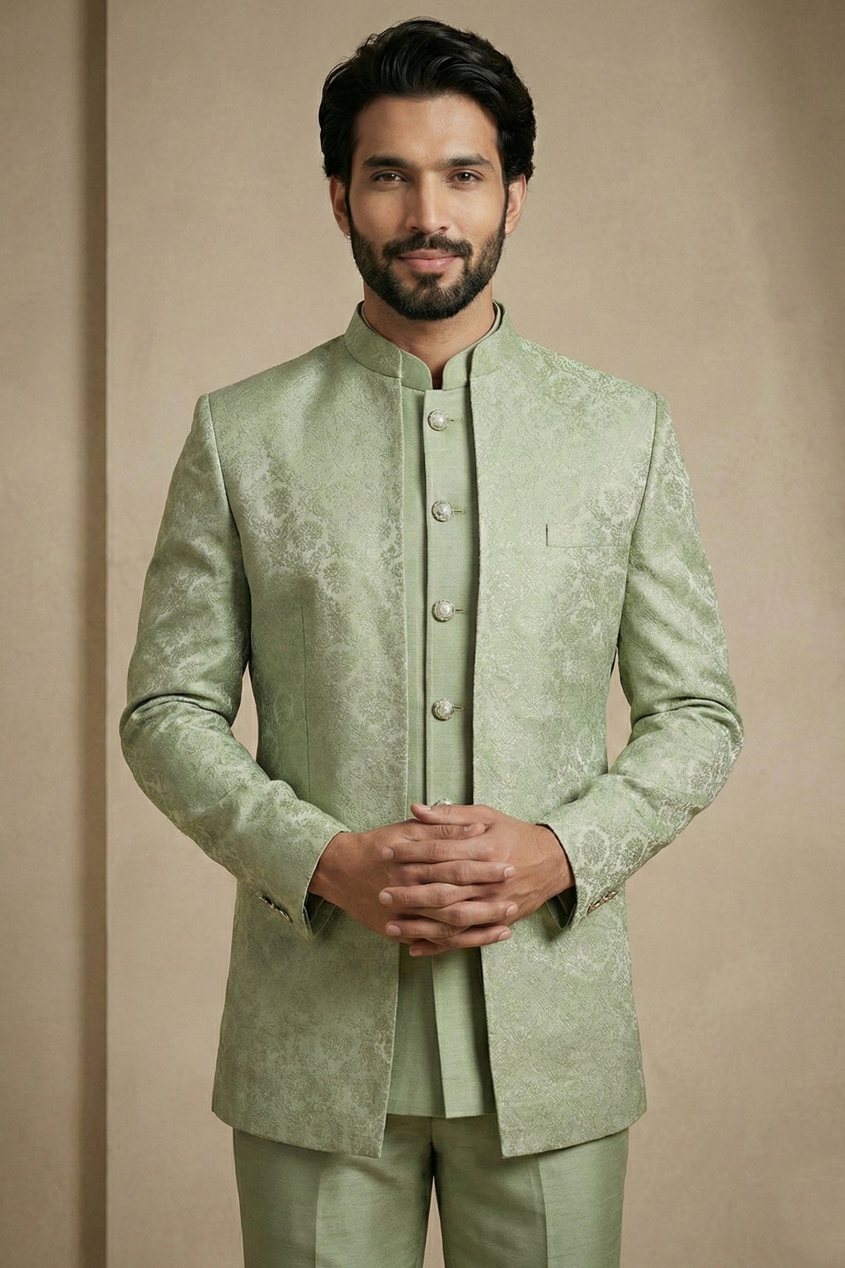 Olive Green Satin Jacquard Satin Jacket Indo Western Set
