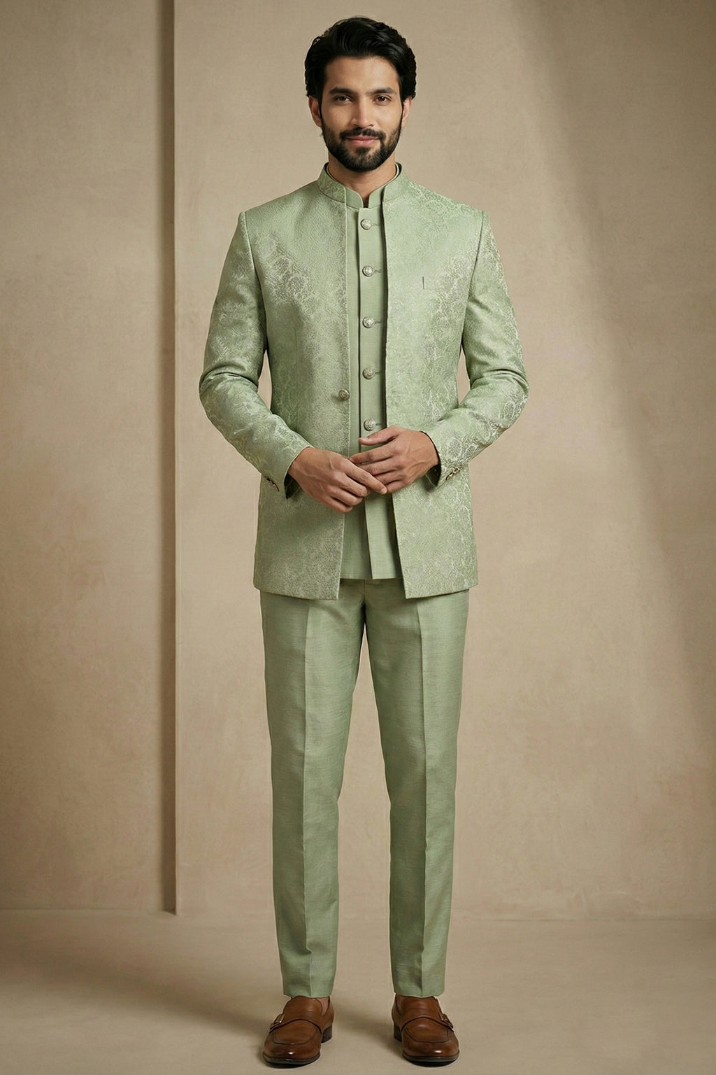 Olive Green Satin Jacquard Satin Jacket Indo Western Set