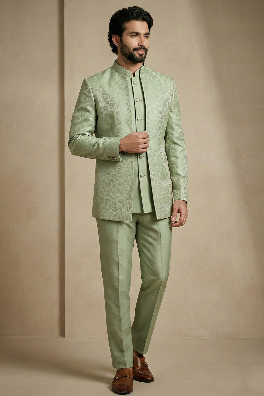 Olive Green Satin Jacquard Satin Jacket Indo Western Set