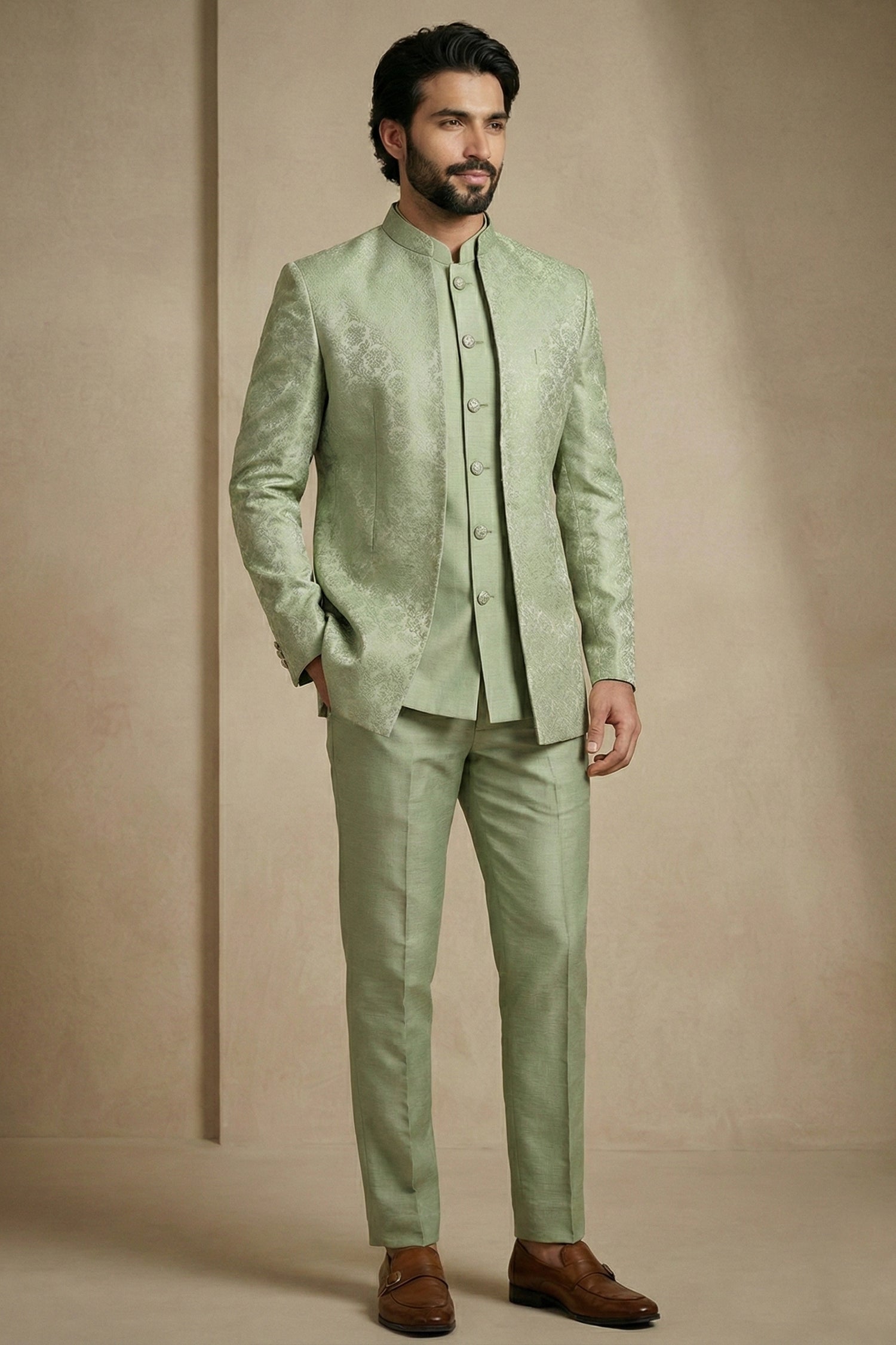 Olive Green Satin Jacquard Satin Jacket Indo Western Set