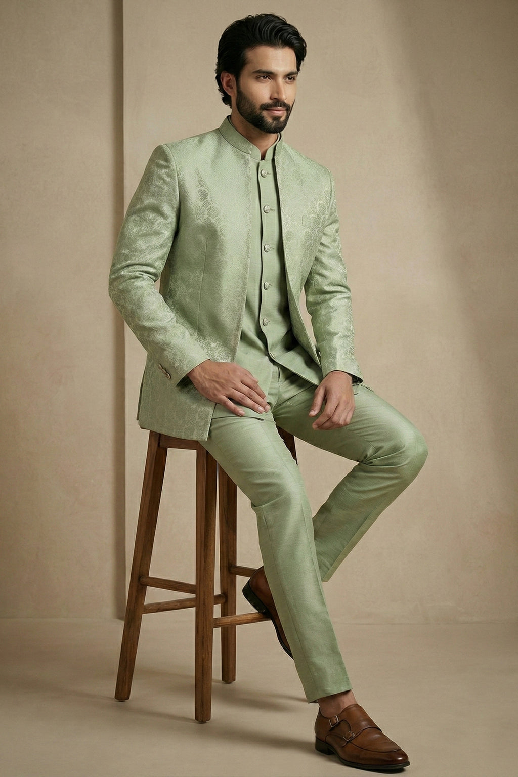 Olive Green Satin Jacquard Satin Jacket Indo Western Set