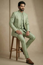 Olive Green Satin Jacquard Satin Jacket Indo Western Set