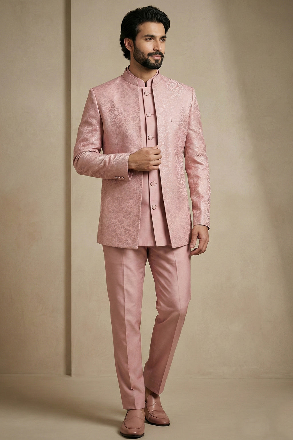 Light Pink Satin Jacquard Satin Jacket Indo Western Set