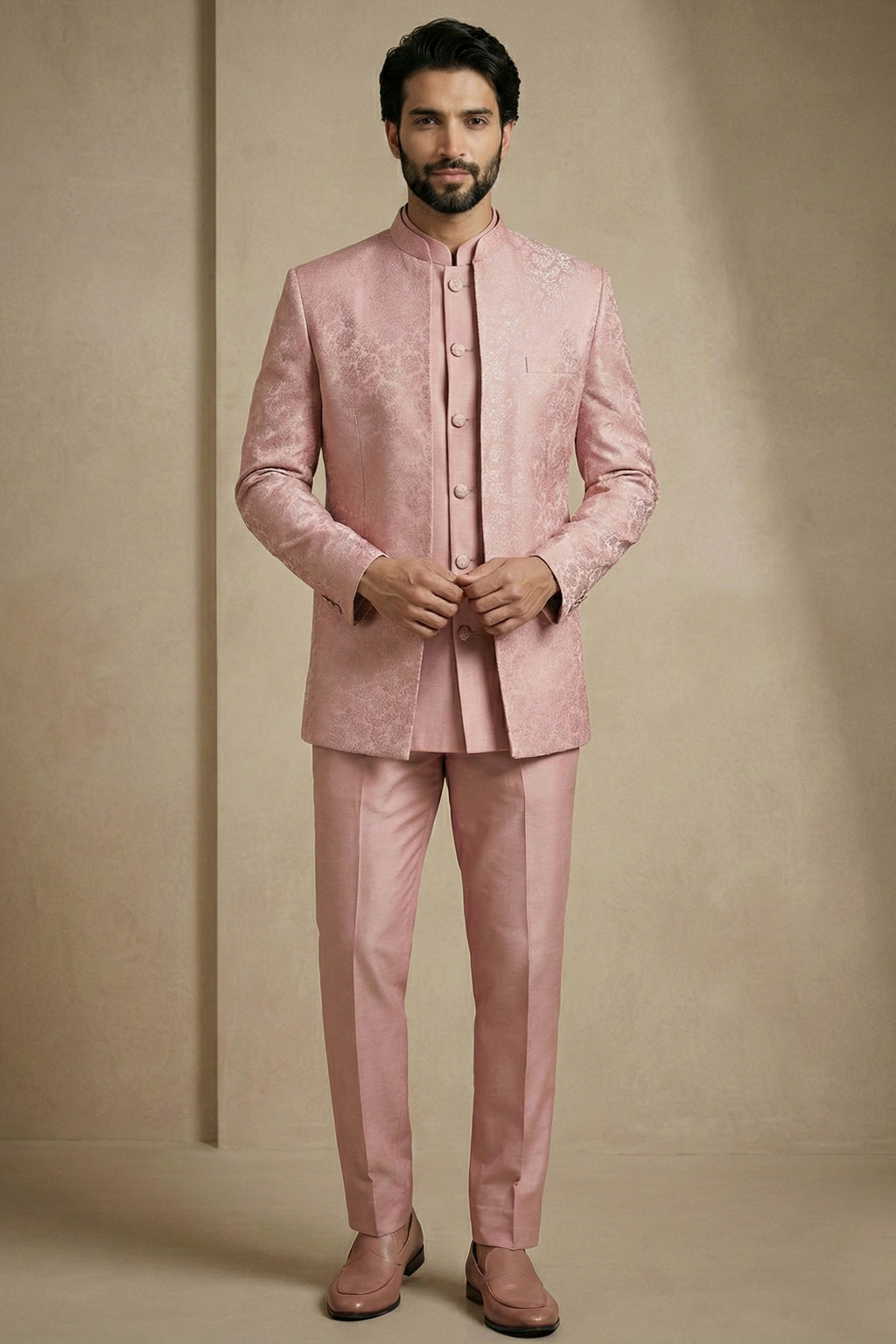 Light Pink Satin Jacquard Satin Jacket Indo Western Set