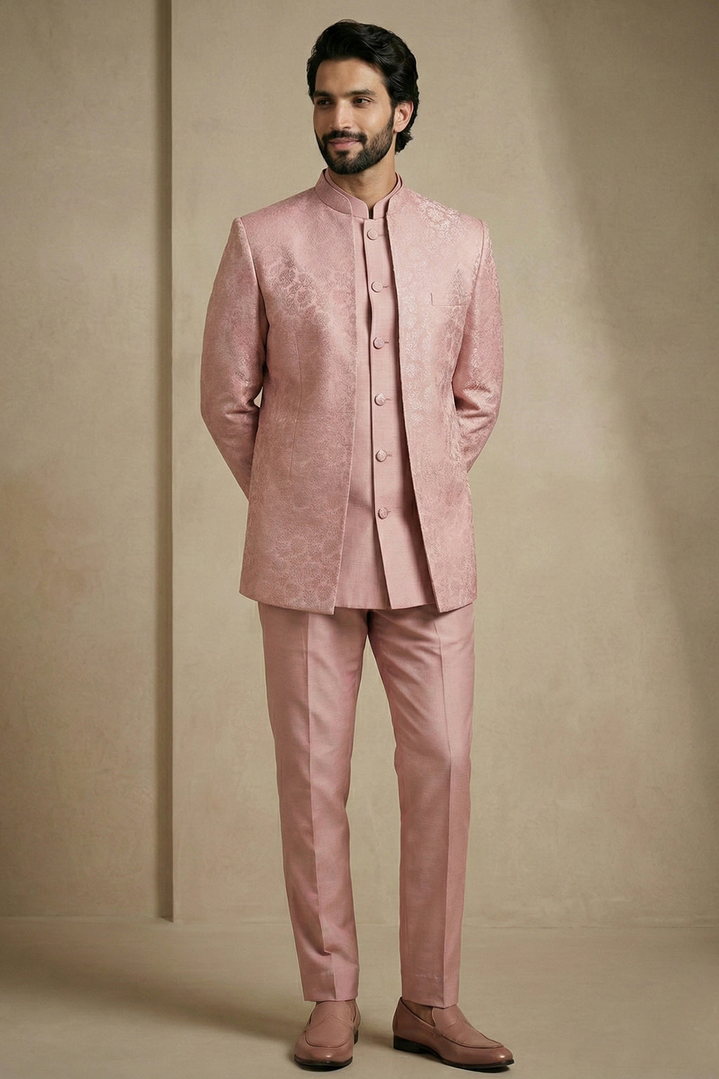 Light Pink Satin Jacquard Satin Jacket Indo Western Set