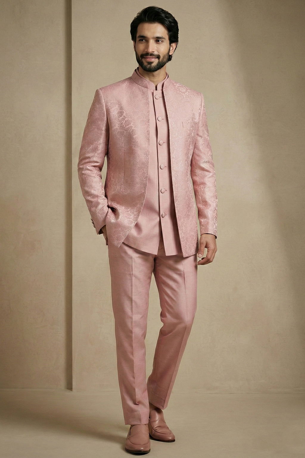 Light Pink Satin Jacquard Satin Jacket Indo Western Set