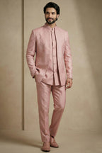 Light Pink Satin Jacquard Satin Jacket Indo Western Set