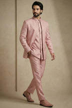Light Pink Satin Jacquard Satin Jacket Indo Western Set