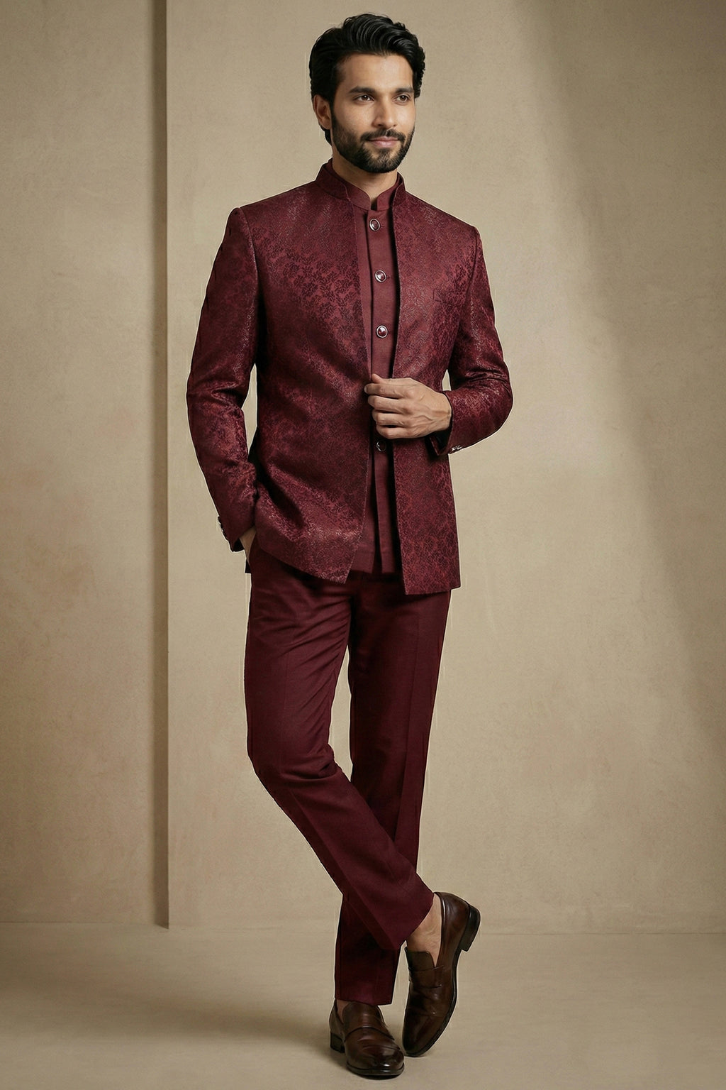 Dark Maroon Satin Jacquard Satin Jacket Indo Western Set