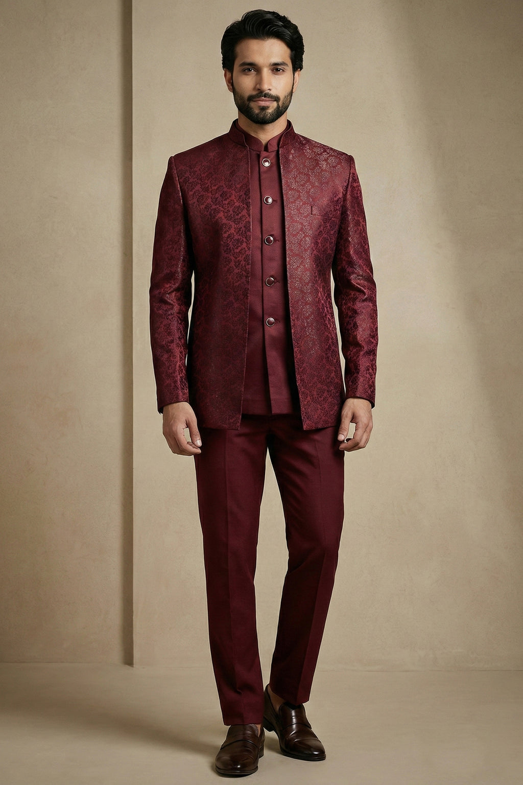 Dark Maroon Satin Jacquard Satin Jacket Indo Western Set