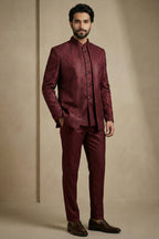 Dark Maroon Satin Jacquard Satin Jacket Indo Western Set