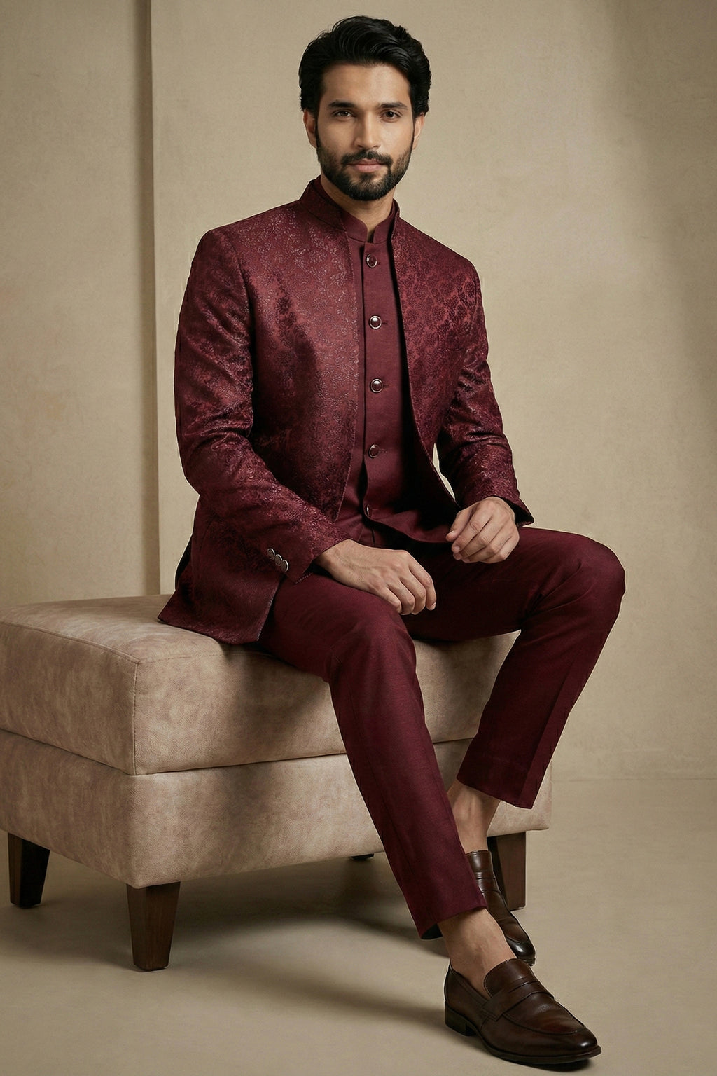 Dark Maroon Satin Jacquard Satin Jacket Indo Western Set