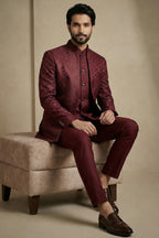 Dark Maroon Satin Jacquard Satin Jacket Indo Western Set