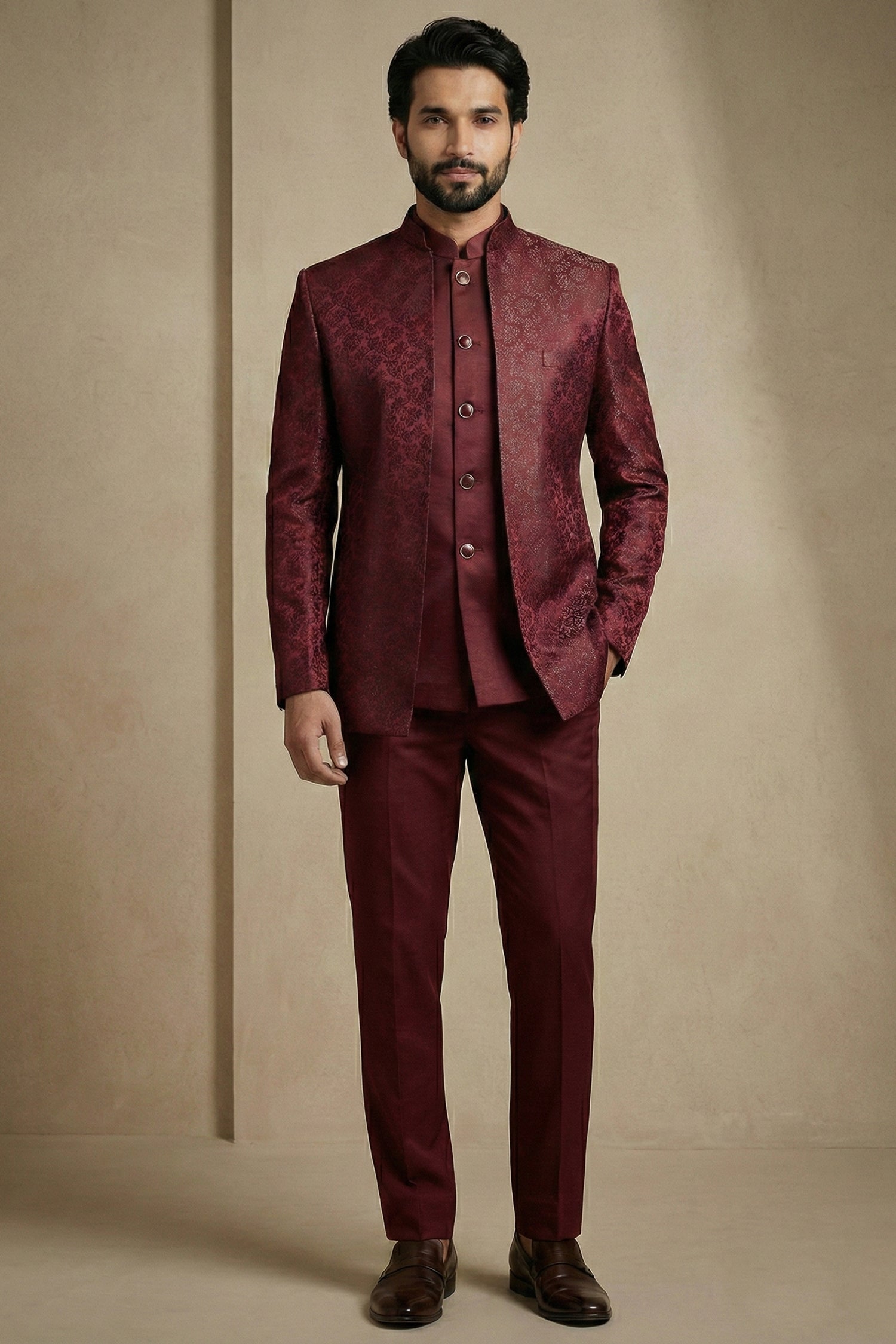 Dark Maroon Satin Jacquard Satin Jacket Indo Western Set