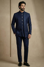 Navy Blue Satin Jacquard Satin Jacket Indo Western Set