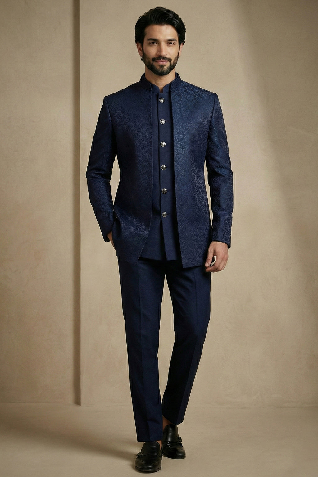 Navy Blue Satin Jacquard Satin Jacket Indo Western Set