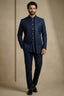 Navy Blue Satin Jacquard Satin Jacket Indo Western Set