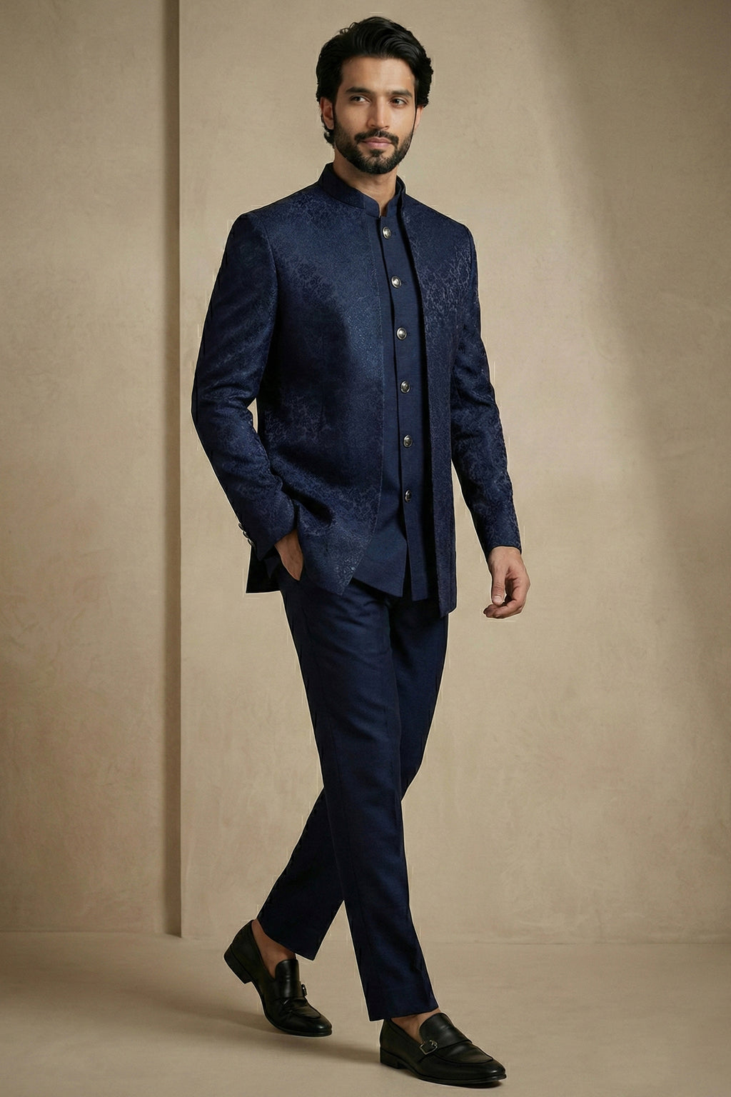 Navy Blue Satin Jacquard Satin Jacket Indo Western Set