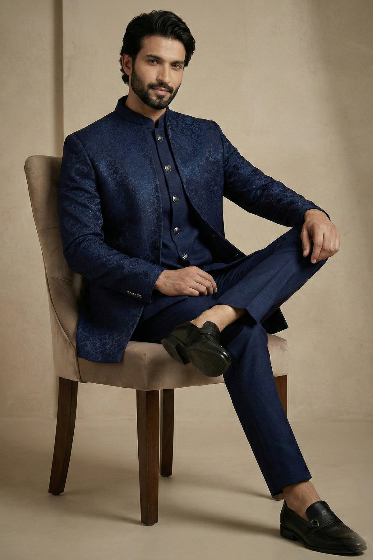 Navy Blue Satin Jacquard Satin Jacket Indo Western Set