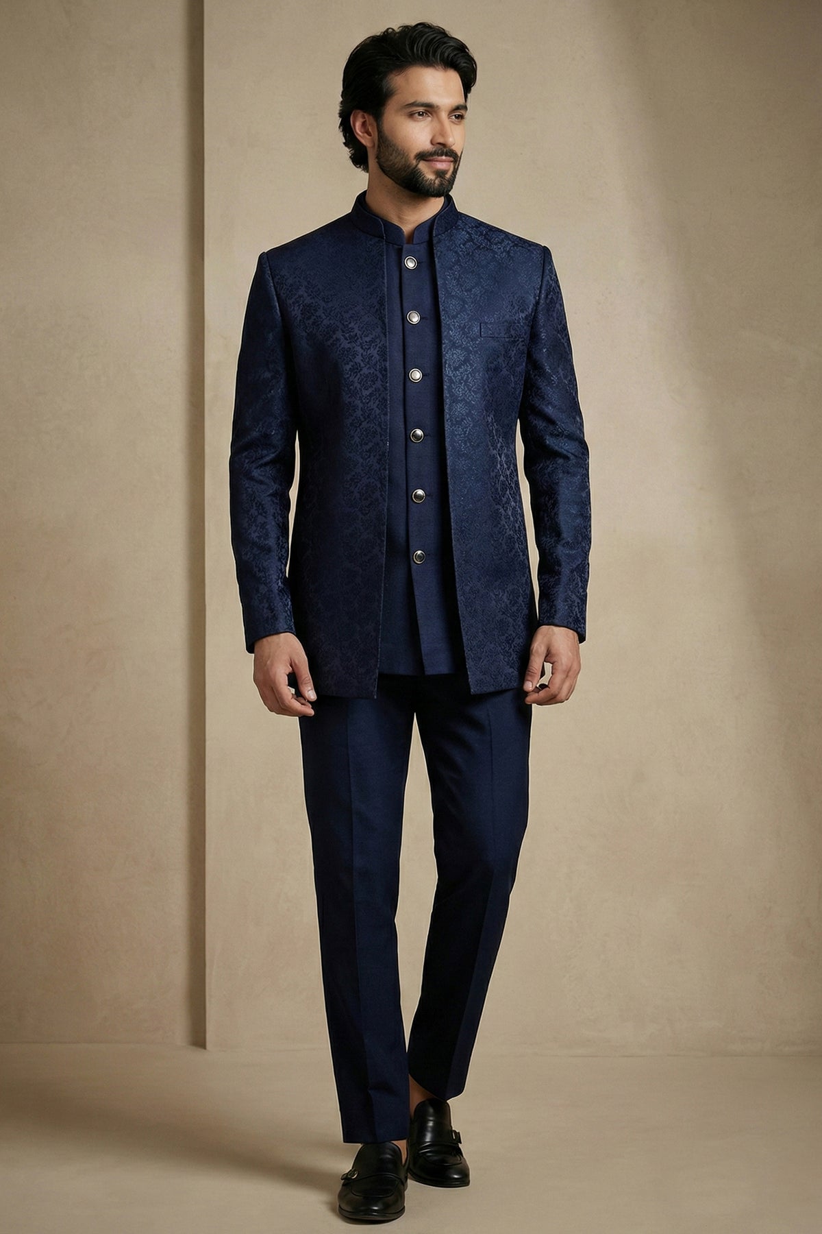 Navy Blue Satin Jacquard Satin Jacket Indo Western Set