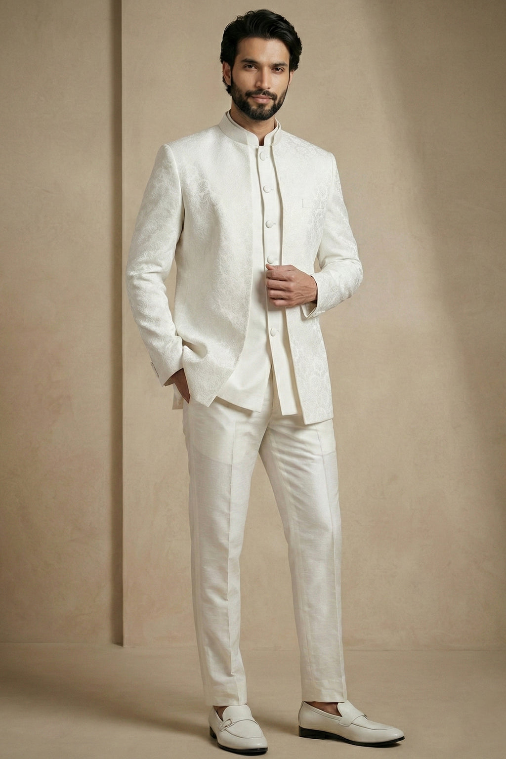 White Satin Jacquard Satin Jacket Indo Western Set