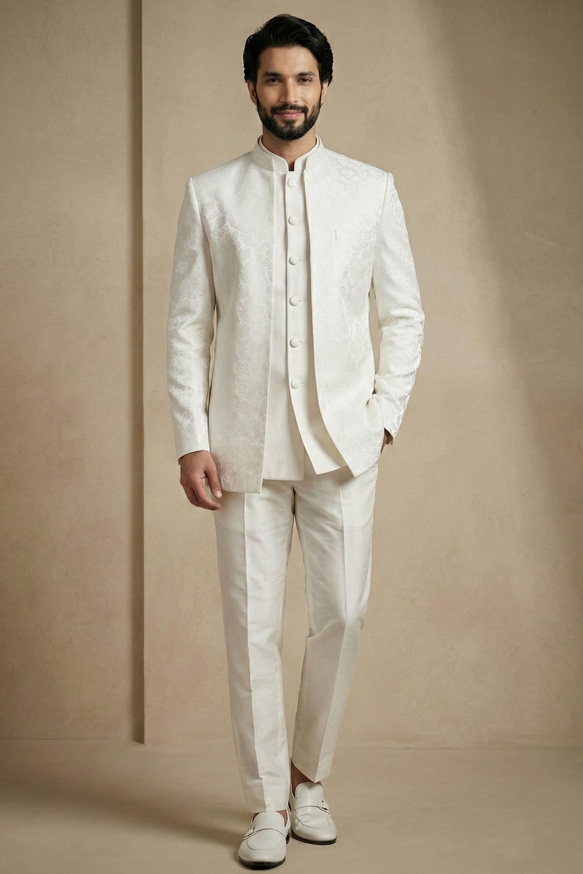 White Satin Jacquard Satin Jacket Indo Western Set
