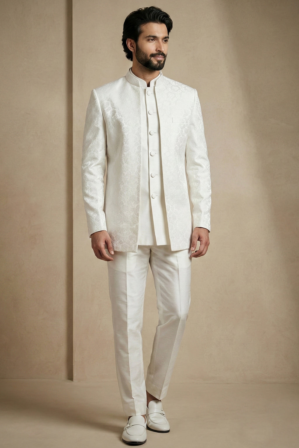 White Satin Jacquard Satin Jacket Indo Western Set