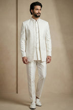 White Satin Jacquard Satin Jacket Indo Western Set