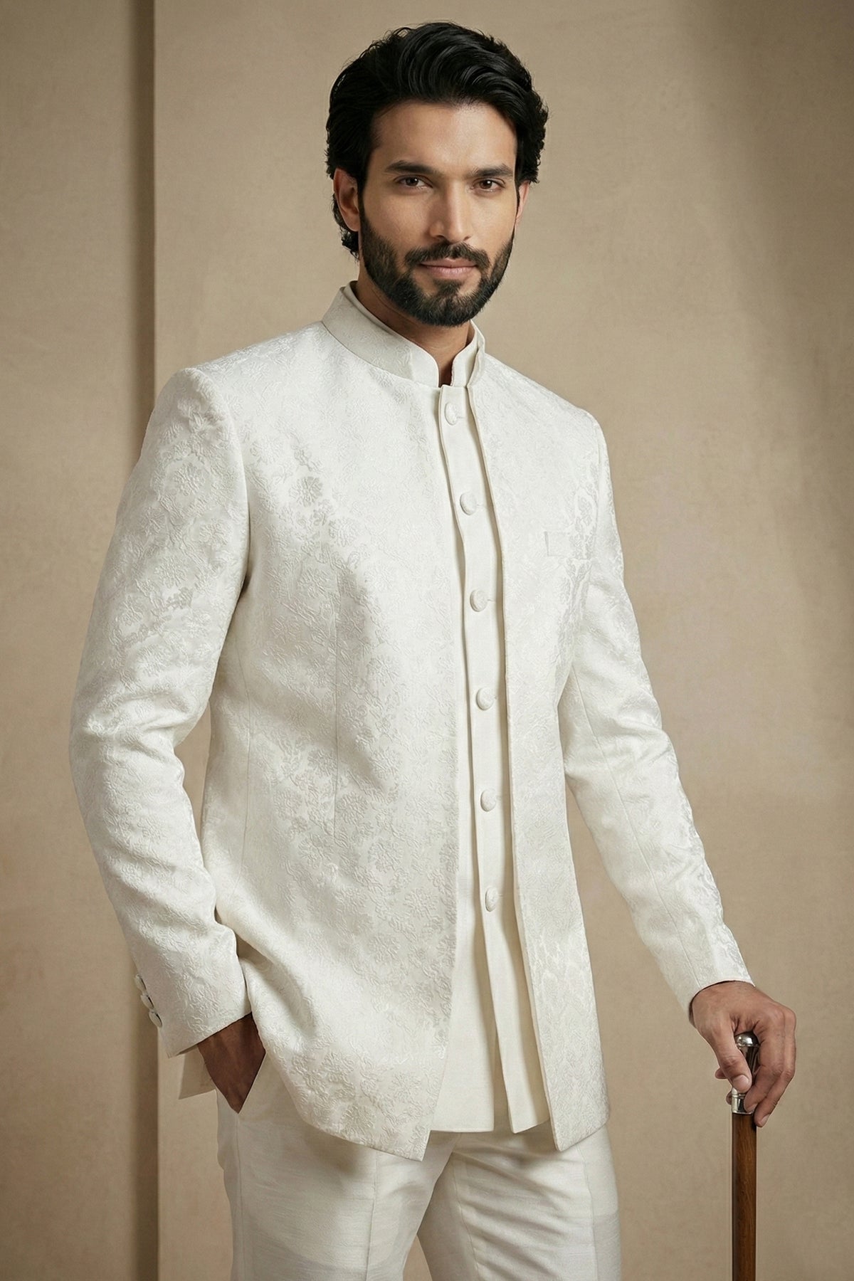 White Satin Jacquard Satin Jacket Indo Western Set