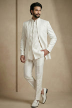 White Satin Jacquard Satin Jacket Indo Western Set