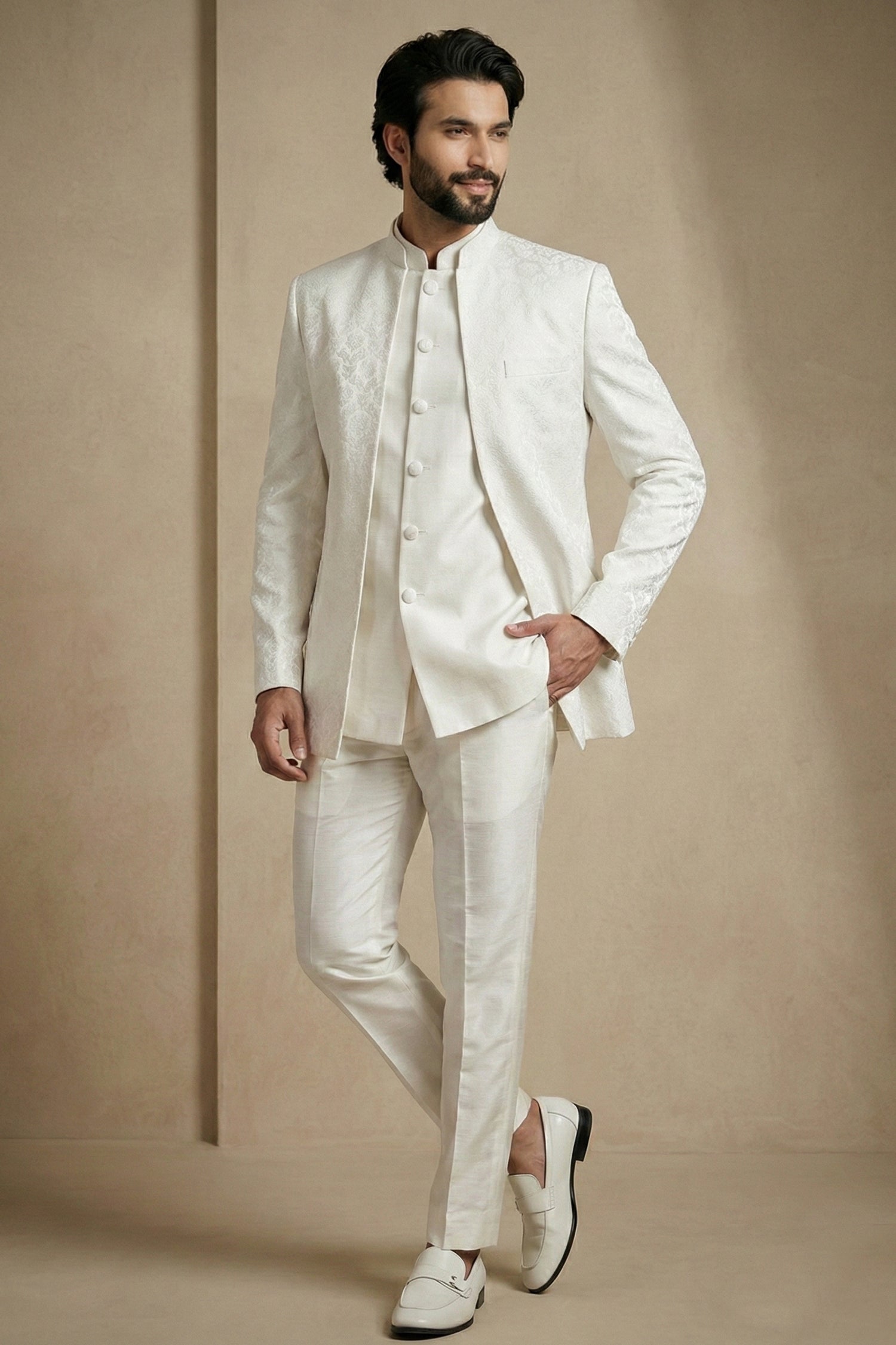 White Satin Jacquard Satin Jacket Indo Western Set