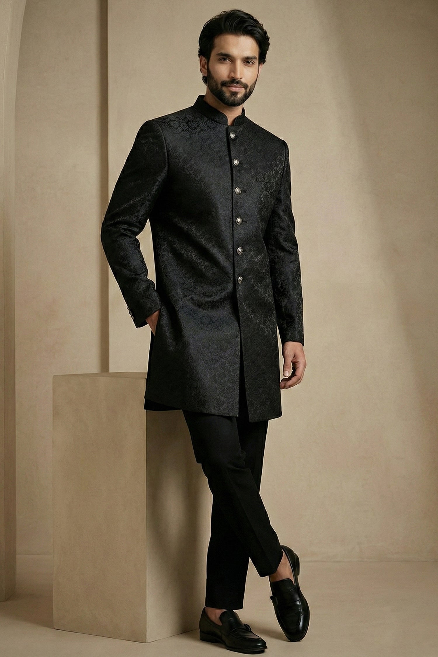 Black Jacquard Indo Western Set