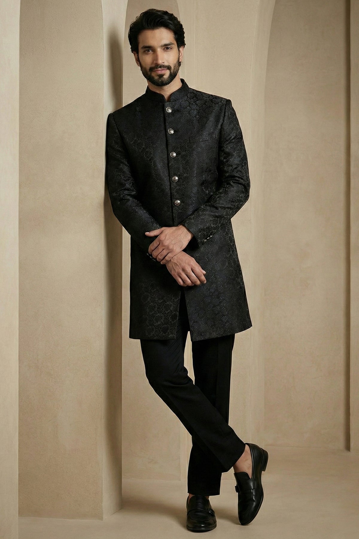 Black Jacquard Indo Western Set Main image