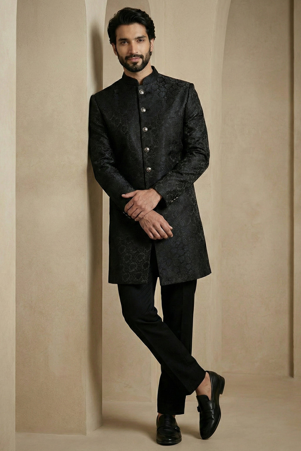 Black Jacquard Indo Western Set