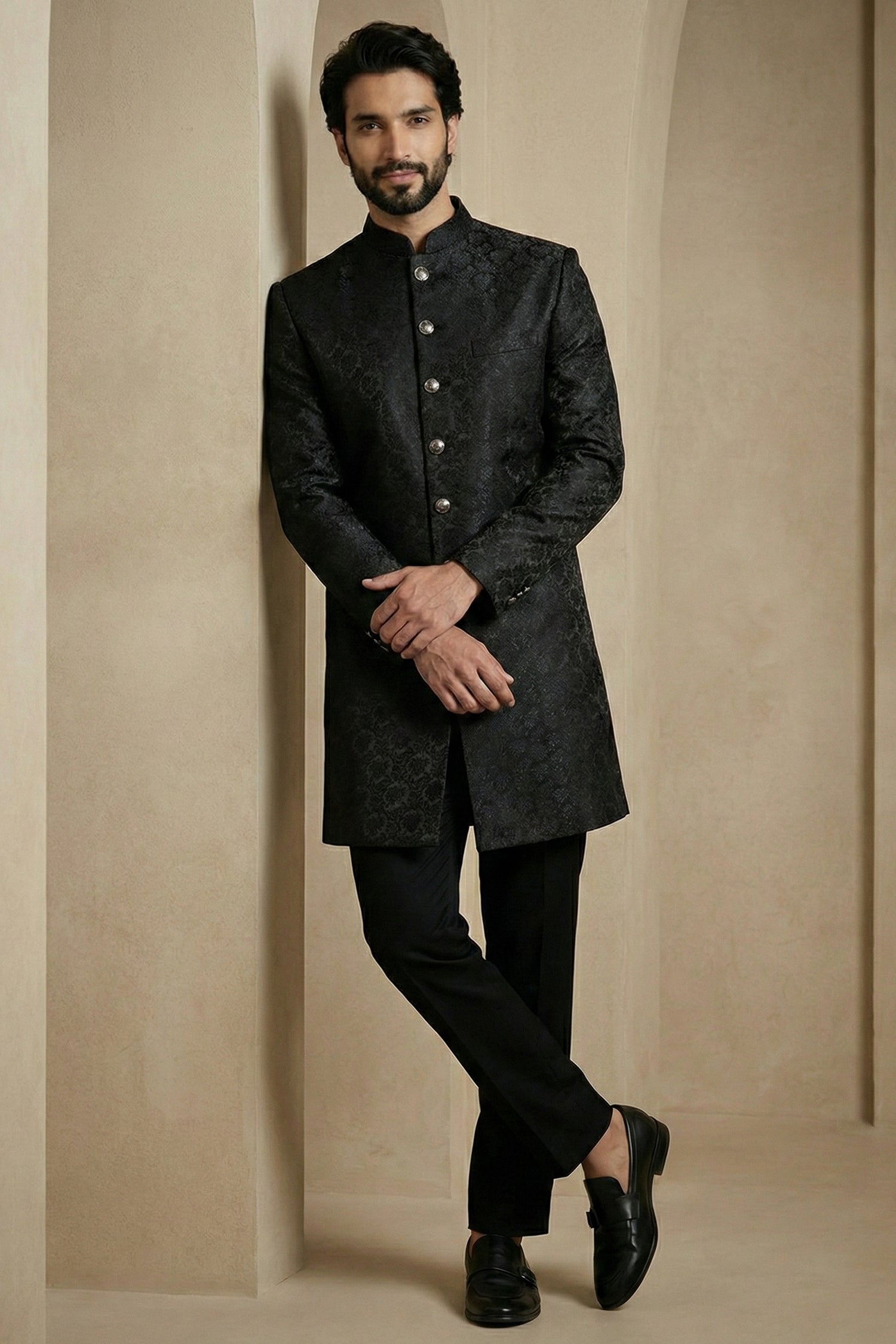 Black Jacquard Indo Western Set