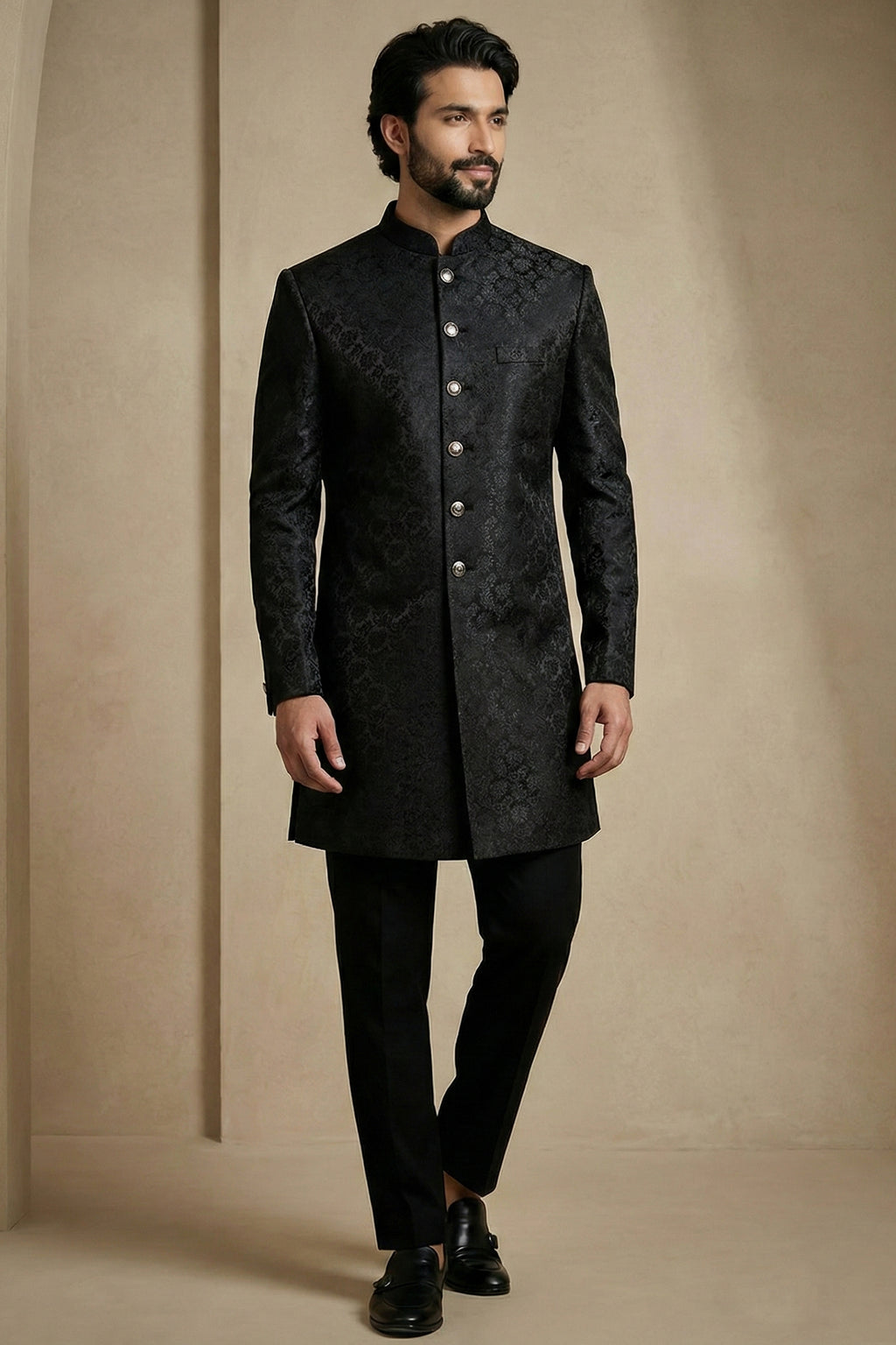 Black Jacquard Indo Western Set