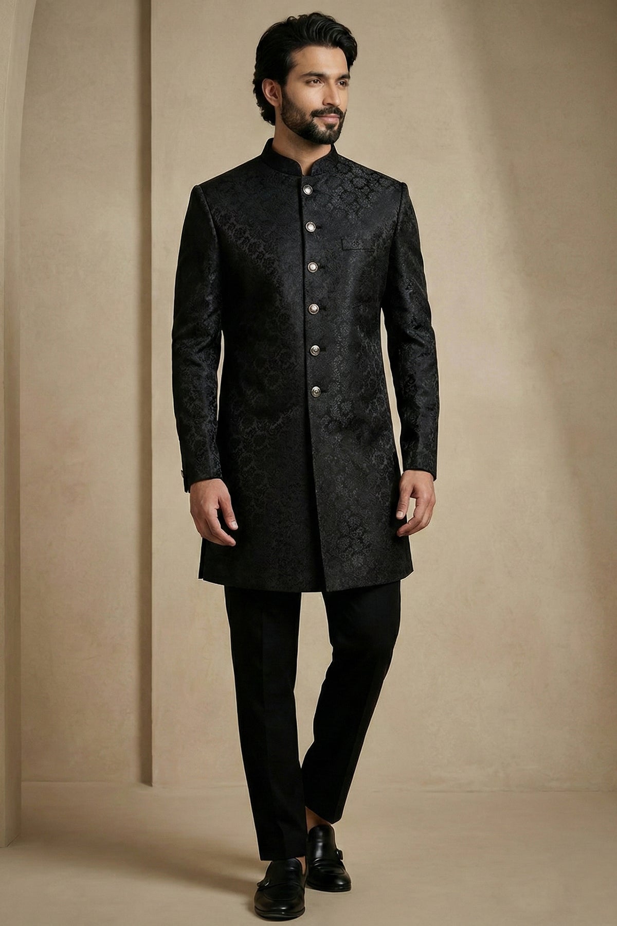 Black Jacquard Indo Western Set