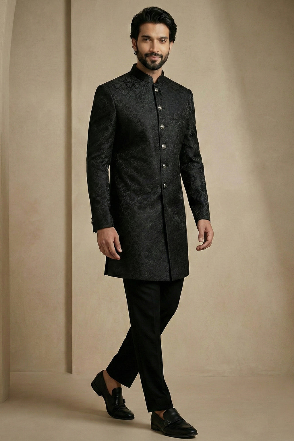 Black Jacquard Indo Western Set