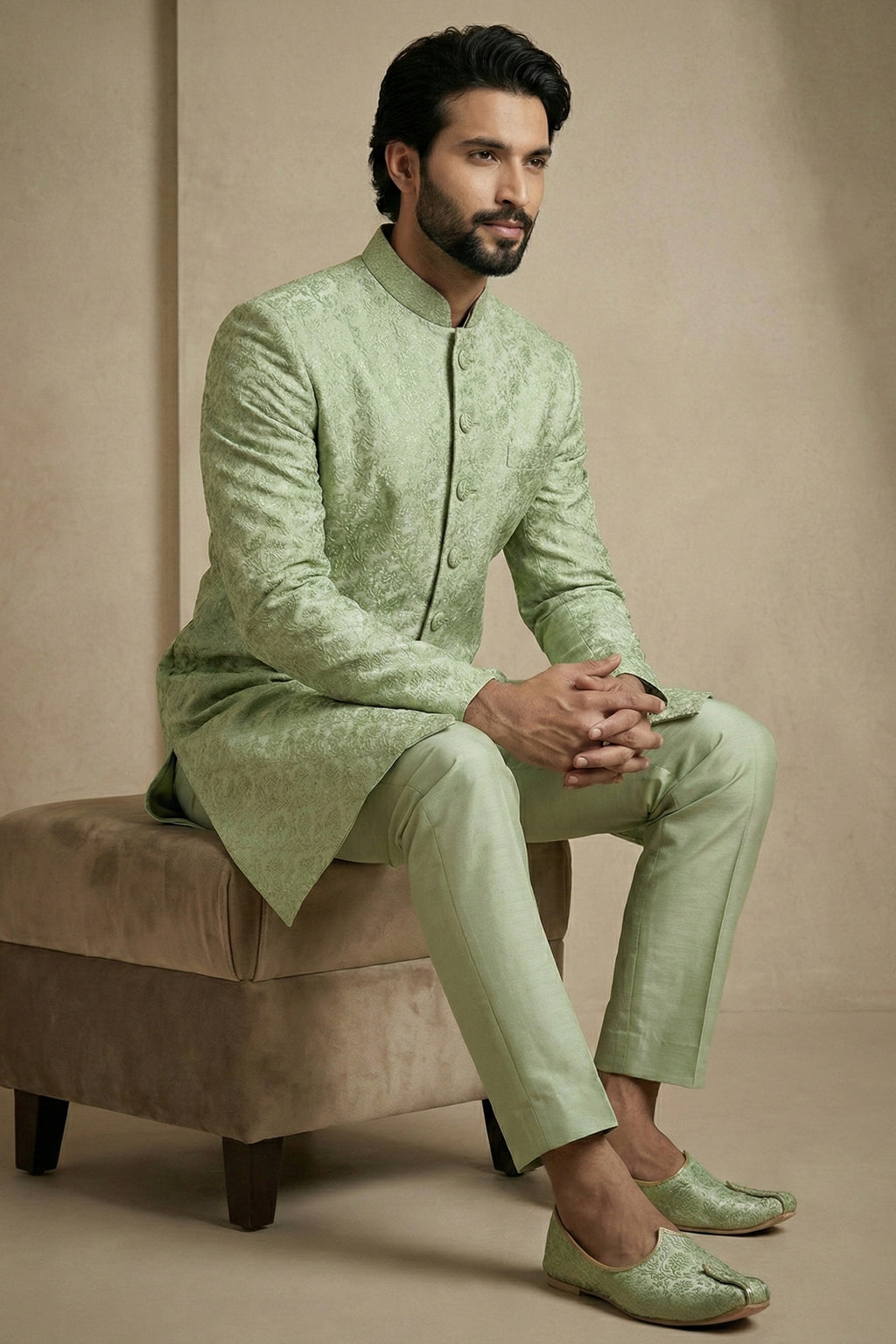 Olive Green Jacquard Indo Western Set