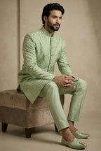 Olive Green Jacquard Indo Western Set