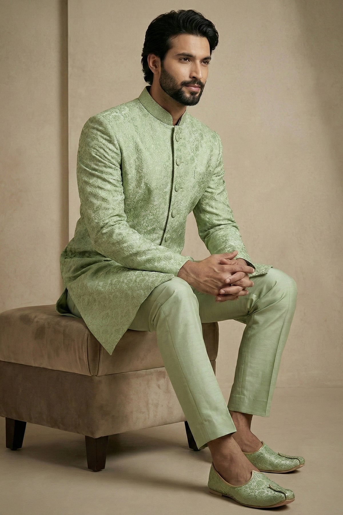 Olive Green Jacquard Indo Western Set