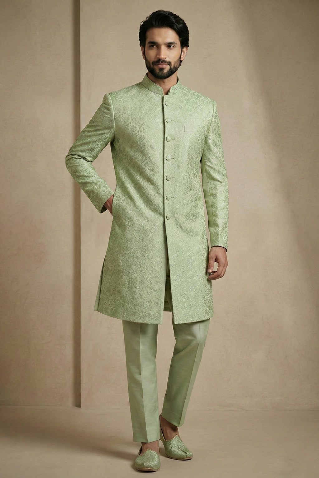 Olive Green Jacquard Indo Western Set