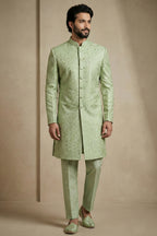 Olive Green Jacquard Indo Western Set