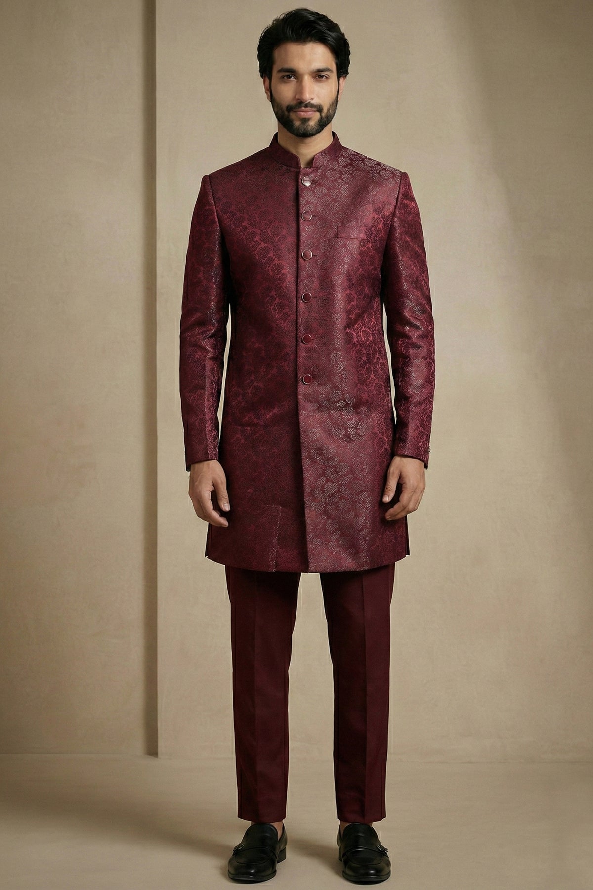 Dark Maroon Jacquard Indo Western Set Main image