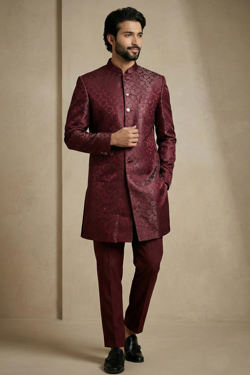 Dark Maroon Jacquard Indo Western Set